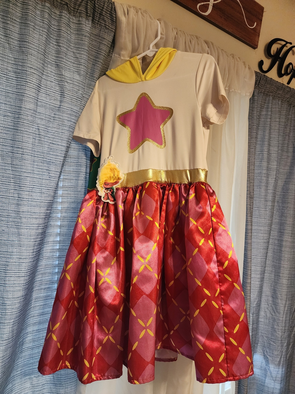 Dreamworks Cream and Yellow Hooded Dress with Pink Star and Red Patterned Skirt